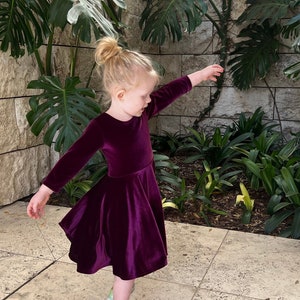 Girls Velvet Twirly Dress, More Colors Available, handmade by Fi and Me, Velveteen Twirl Dress, holiday photoshoot, Blue, Christmas Green image 1