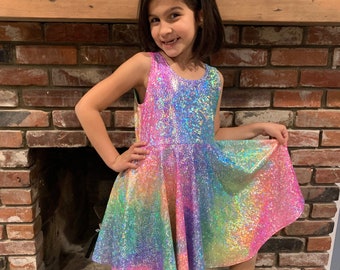 Sparkly Rainbow Twirly Dress, Unicorn Obsessed, Birthday Dress, Gifts for Girls, Special Play Dress, Spinning Dress, Princess Party Dress