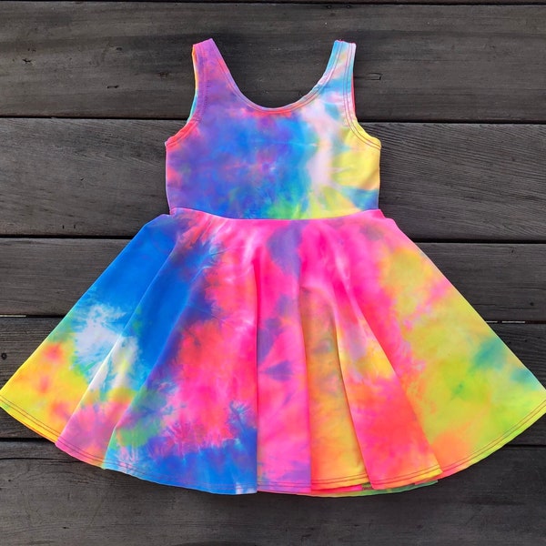 Twirly Tie Dye Girl's Dress: Rainbow Blacklight Party Outfit