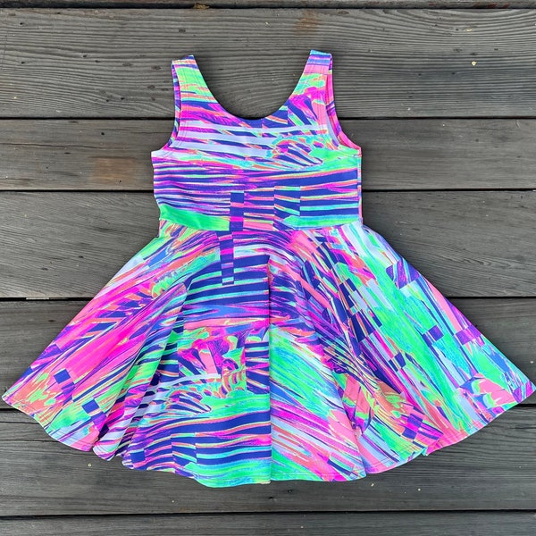 80s Neon Girls Twirly Dress, Girls Soft Twirly Quick Dry Dress, Full Circle Skirt, Pink, Black Light Dress, Comfy Play Dress, Daddy Daughter