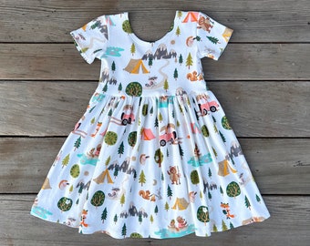 Girls Cotton Jersey Dress, Camping Dress, Gifts for Girls, Woodland Friends, Comfy Clothing Girls, Short sleeve, handmade by Fi and Me
