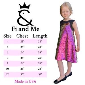 May include: Size chart for a pink and gold sequined dress for girls. The chart shows sizes 4 through 12 with corresponding chest and length measurements in inches.