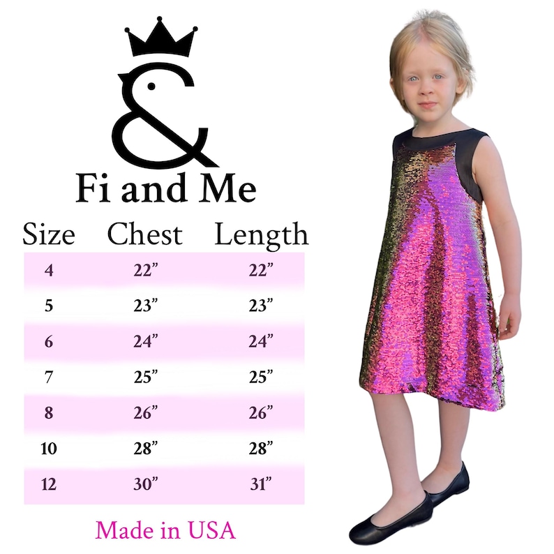 May include: Size chart for a pink and gold sequined dress for girls. The chart shows sizes 4 through 12 with corresponding chest and length measurements in inches.