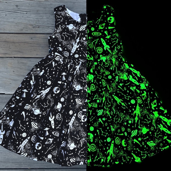 Glow in the Dark Cosmic Girls Dress: Handmade Cotton Space Print