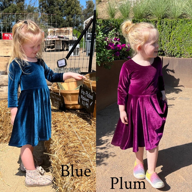 Girls Velvet Twirly Dress, More Colors Available, handmade by Fi and Me, Velveteen Twirl Dress, holiday photoshoot, Blue, Christmas Green image 6