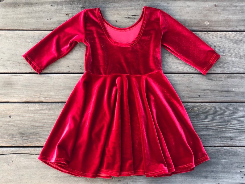 Red Velvet Girls Christmas Dress, Twirly Velveteen Girls Dress, Full Circle Skit, Family Photoshoot, Pictures, Velvet, Handmade by Fi and Me image 4