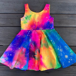 Rainbow Cosmic girls dress, celestial metallic gold stars and moon, Quick Dry Girls Twirly Dress, Full Circle Skirt, Made by Fi and Me