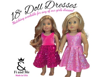 18 inch Doll Dresses, Matching Girl and Doll dresses, Pink Sparkly Girls Twirly Dress, Match your Doll Clothing, handmade by Fi and Me