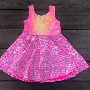 Pink Shimmer Twirly Mermaid Girls Dress, Quick Dry, Full Circle Skirt, Bathing Suit Fabric, Handmade by Fi and Me
