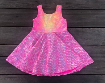 Handmade Pink Shimmer Mermaid Dress: Girls Twirly Full Circle Skirt