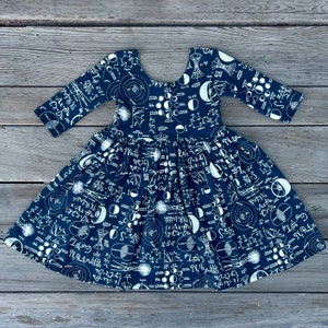 STEM Inspired, Navy Girls Dress, Math Dress, Science Dress, Blue Dress Girls, Student gift ideas, Kids Science, Little Learner, Play Dress