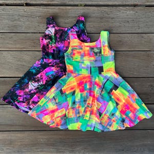 Bright Neon Girls Twirly Dress, Girls Soft Twirly Quick Dry Dress, Black Light Dress, Comfy, play, beach, dance, made by Fi and Me