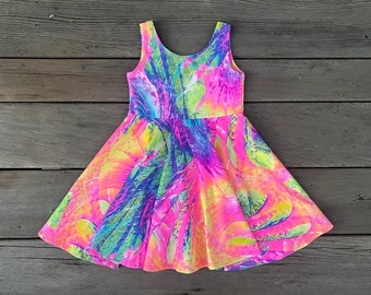 Bright Neon Girls Twirly Dresses, Girls Soft Twirly Quick Dry Dress, Black Light Dress, Comfy, play, beach, dance, made by Fi and Me