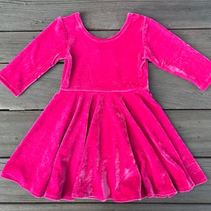 Pink Velour Girls Twirly Dress, Hot Pink, Neon Pink Velveteen, handmade by Fi and Me, Full Circle Skirt, Soft Comfy, Velvet