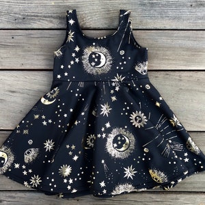Celestial Twirly Dress: Metallic Gold Stars & Moon - Black Galaxy Outfit