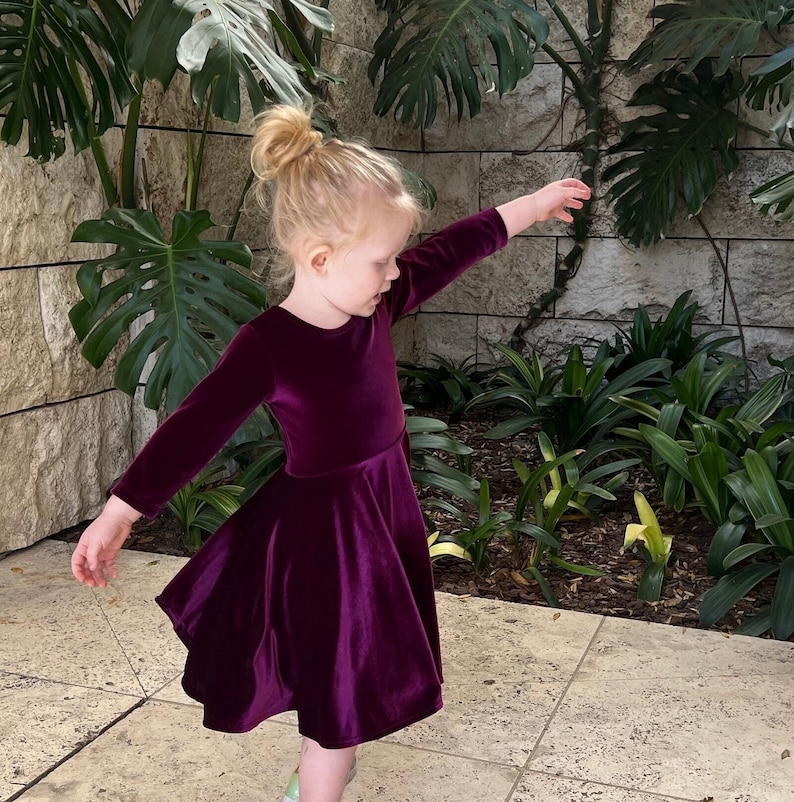 Girls Velvet Twirly Dress, More Colors Available, handmade by Fi and Me, Velveteen Twirl Dress, holiday photoshoot, Blue, Christmas Green image 1