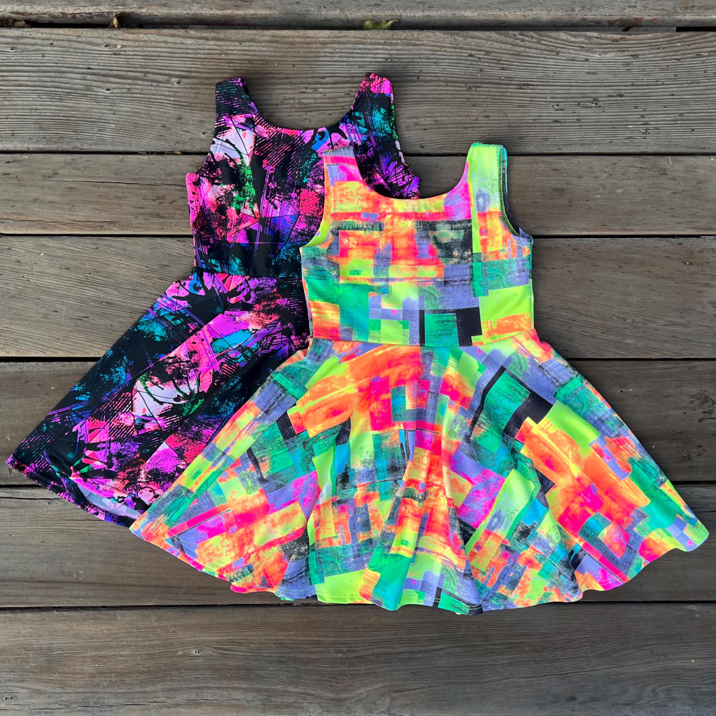 Retro 90s Neon Twirly Dress: Blacklight Reflective Party Dress