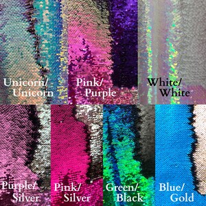 May include: Six swatches of iridescent fabric with different color combinations. The swatches are labeled with the colors of the fabric, such as "Unicorn/Unicorn", "Pink/Purple", "White/White", "Purple/Silver", "Pink/Silver", "Green/Black", and "Blue/Gold".