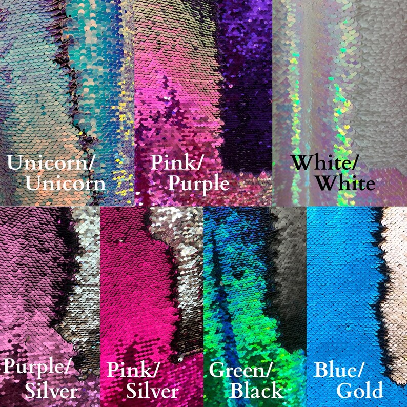 May include: Six swatches of iridescent fabric with different color combinations. The swatches are labeled with the colors of the fabric, such as "Unicorn/Unicorn", "Pink/Purple", "White/White", "Purple/Silver", "Pink/Silver", "Green/Black", and "Blue/Gold".