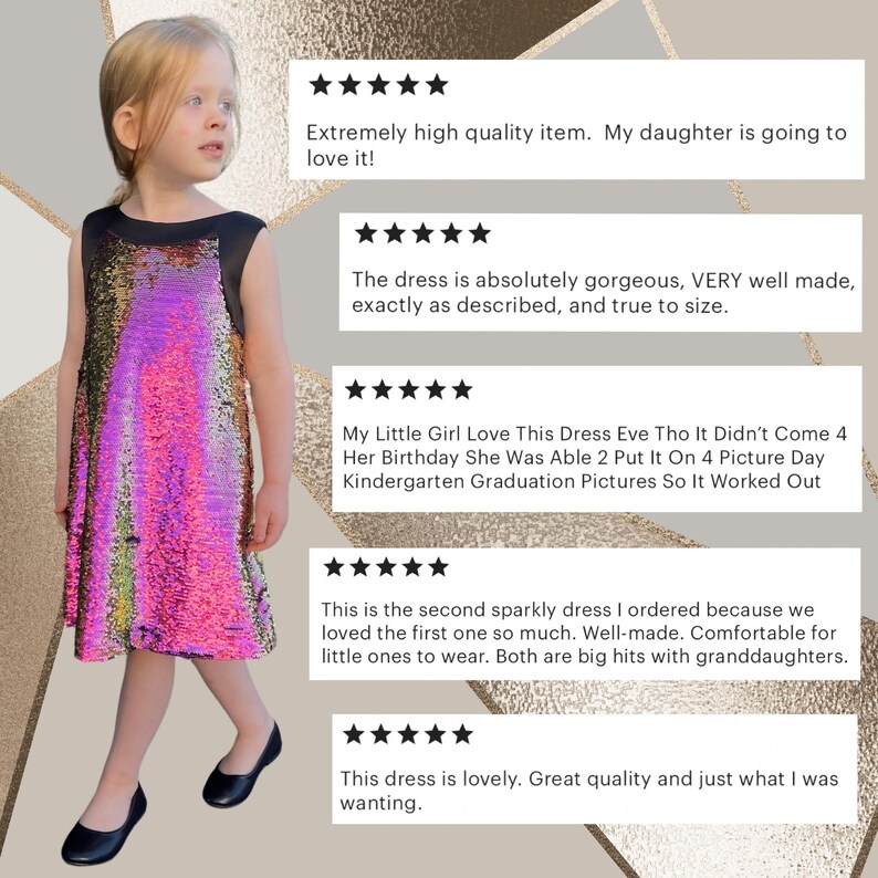 May include: A young girl wearing a sequined dress in shades of pink, gold, and purple. The dress has a black bodice and a sleeveless design. The girl is wearing black shoes and is standing on a light brown background. The image includes five customer reviews, all with five stars, praising the dress's quality, fit, and appearance.