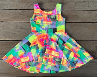 80s Retro Blacklight Party Dress: Neon Twirly Girl's Dress