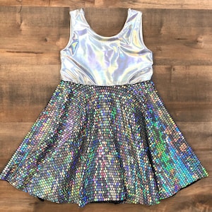 Rainbow Mermaid Twirly Dress Iridescent Silver Hologram Disco Ball Girls Dress Hand Made by Fi and Me Sparkle Princess Party Dress