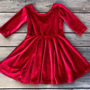 Red Velvet Girls Christmas Dress, Twirly Velveteen Girls Dress, Full Circle Skit, Family Photoshoot, Pictures, Velvet, Handmade by Fi and Me image 3