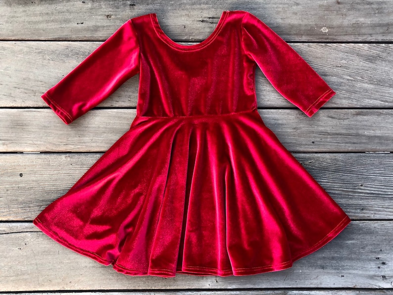 Red Velvet Girls Christmas Dress, Twirly Velveteen Girls Dress, Full Circle Skit, Family Photoshoot, Pictures, Velvet, Handmade by Fi and Me image 3