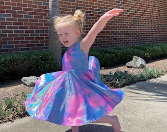 Pink Blue Sparkle Twirly Dress, Glittery Girls Twirly Dress, handmade by Fi and Me, Tie-Dye Full Circle Skirt, Bathing Suit Fabric