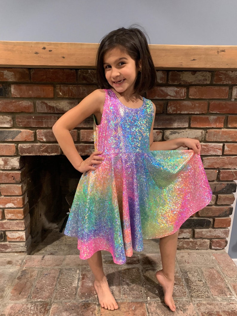 Sparkly Rainbow Twirly Dress, Unicorn Obsessed, Birthday Dress, Gifts for Girls, Special Play Dress, Spinning Dress, Princess Party Dress image 1