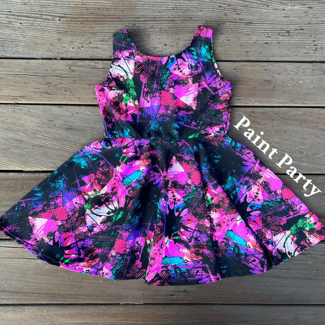 90s Neon Blacklight Party Dress: Rainbow Retro Dance Dress