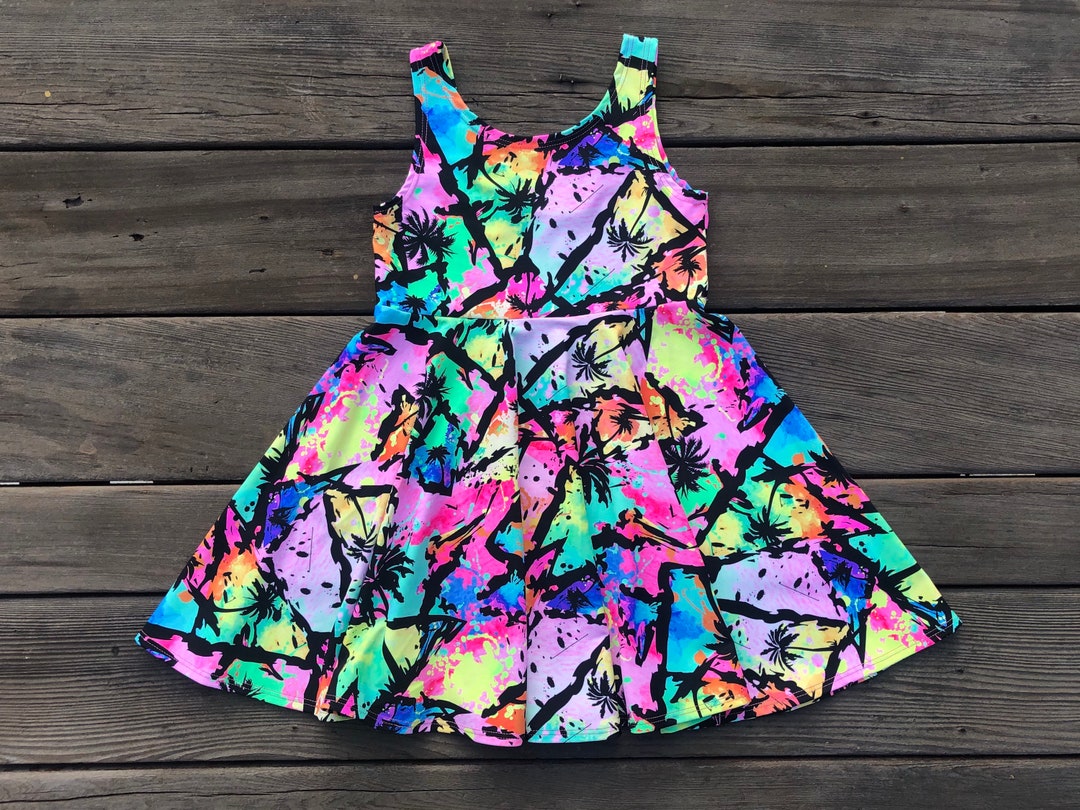 Neon Rainbow Palm Trees Girls Twirly Quick Dry Dress Triangles Full Circle Skirt Baithing Suit Fabric Comfy Play Dress Totally 80s Etsy Canada
