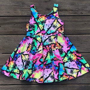 Neon Rainbow Palm Trees, Girls Twirly Quick Dry Dress, Triangles, Full Circle Skirt, Baithing Suit Fabric, Comfy Play Dress, Totally 80s
