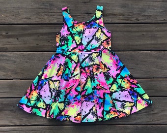Neon Rainbow Palm Trees, Girls Twirly Quick Dry Dress, Triangles, Full Circle Skirt, Baithing Suit Fabric, Comfy Play Dress, Totally 80s