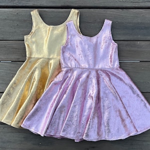 Metallic Twirly Velvet Girls Dresses, Flower girl, Full Circle Skirt, Super Spinning, Gold, Pink, Blue