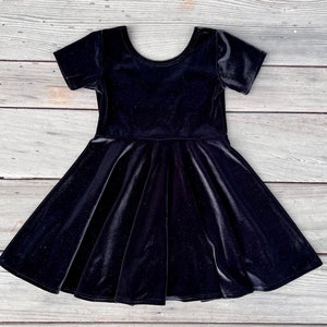 Girls Choral Academy Uniform, Short Sleeve Black Velvet Twirly Dress for Girls Monochromatic Attire Goth Aesthetic Girls All Black Uniform