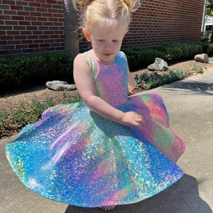 Pink Blue Sparkle Twirly Dress, Glittery Girls Twirly Dress, handmade by Fi and Me, Tie-Dye Full Circle Skirt, Bathing Suit Fabric image 6