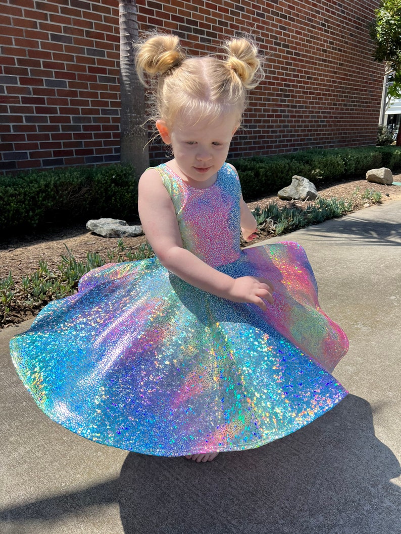 Pink Blue Sparkle Twirly Dress, Glittery Girls Twirly Dress, handmade by Fi and Me, Tie-Dye Full Circle Skirt, Bathing Suit Fabric image 6