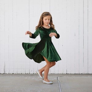 Girls Velvet Twirly Dress, More Colors Available, handmade by Fi and Me, Velveteen Twirl Dress, holiday photoshoot, Blue, Christmas Green image 2