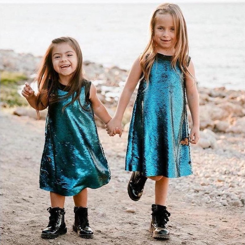 Blue Sequin Dress Blue to gold sequin girls dresses gold beach dress special occasion holiday apparel event beach wear birthday