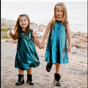 Girls Flip Sequin Dress, Blue Gold Two Tone Girls Sequin Dress