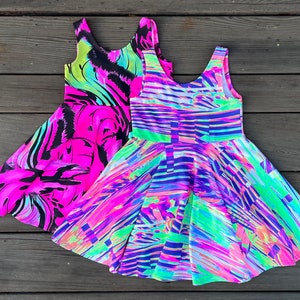 Neon Girls Twirly Dress, Girls Twirly Quick Dry Dress, Full Circle Skirt, Pink, Black Light Dress, Comfy Play Dress, Totally 80s