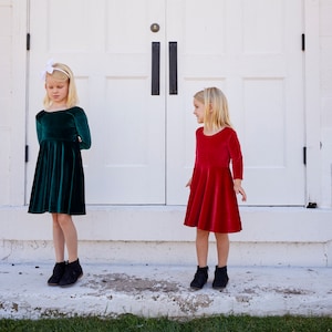 Red Velvet Girls Christmas Dress, Twirly Velveteen Girls Dress, Full Circle Skit, Family Photoshoot, Pictures, Velvet, Handmade by Fi and Me image 7