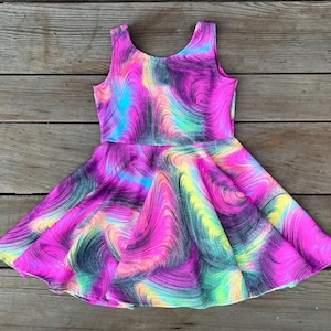 Bright Neon Girls Twirly Dresses for Dance Black Light Glow Party Girls Twirly Bright Colorful and Fun Cosmic Bowling Outfit School Dance