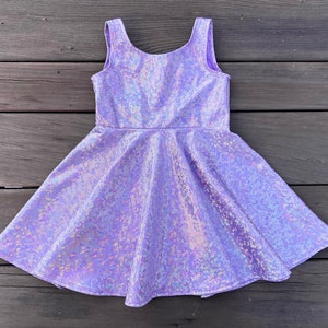 Lavender Girls Twirly Dress, Sparkly Quick Dry, handmade by Fi and Me, Full Circle Skirt, Bathing Suit Fabric