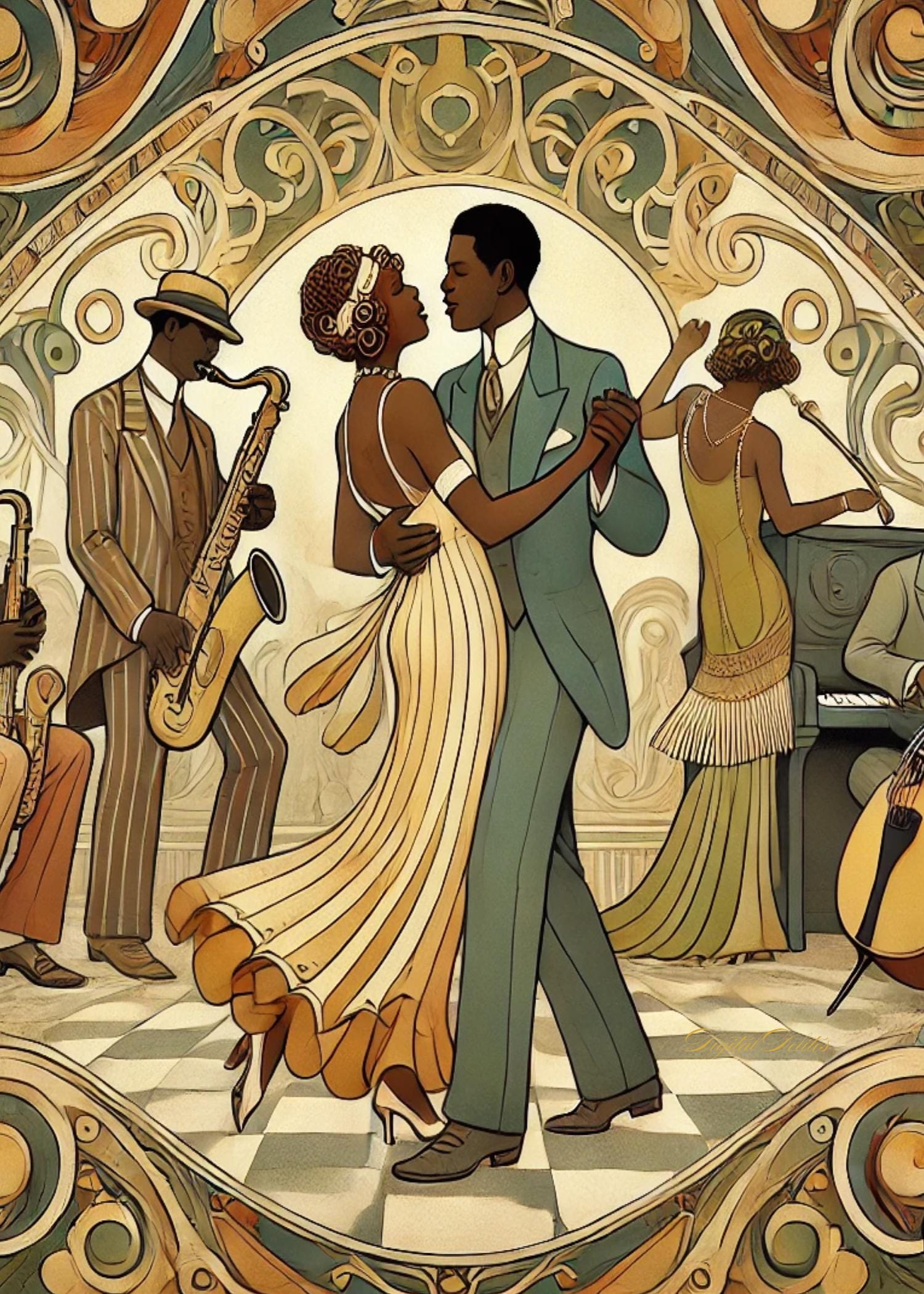 Midnight Jazz Elegance: 1920s Ballroom Dance – Art Deco African