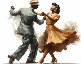May include: A couple in vintage clothing dances together. The man wears a striped suit and a hat, while the woman wears a light brown dress. The background is a soft white with watercolor-like brushstrokes.
