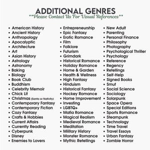 May include: A list of additional book genres, including American History, Epic Fantasy, and Steampunk, is displayed in a black font on a white background. The text is organized in bullet points, with a heading at the top.