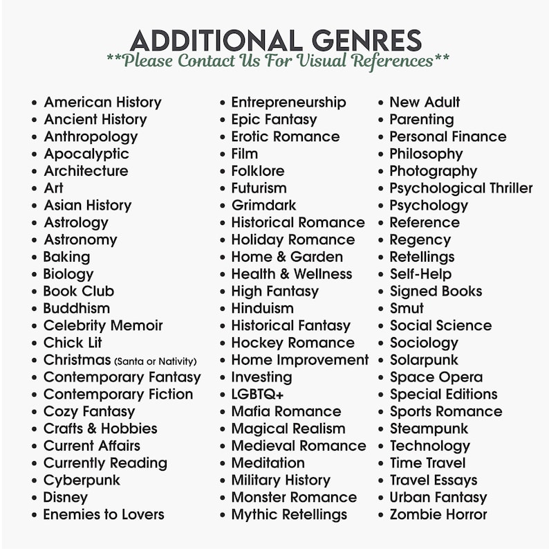 May include: A list of additional book genres, including American History, Epic Fantasy, and Steampunk, is displayed in a black font on a white background. The text is organized in bullet points, with a heading at the top.