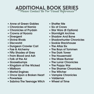May include: A teal graphic lists "Additional Book Series" with a variety of titles, including "Anne of Green Gables," "Divergent," and "Star Wars." The text is in a sans-serif font, with a call to contact for visual references.